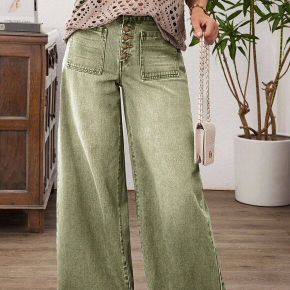 Army Green Casual Women's Wide Leg Patchwork Loose Jeans - Picture 2 of 7